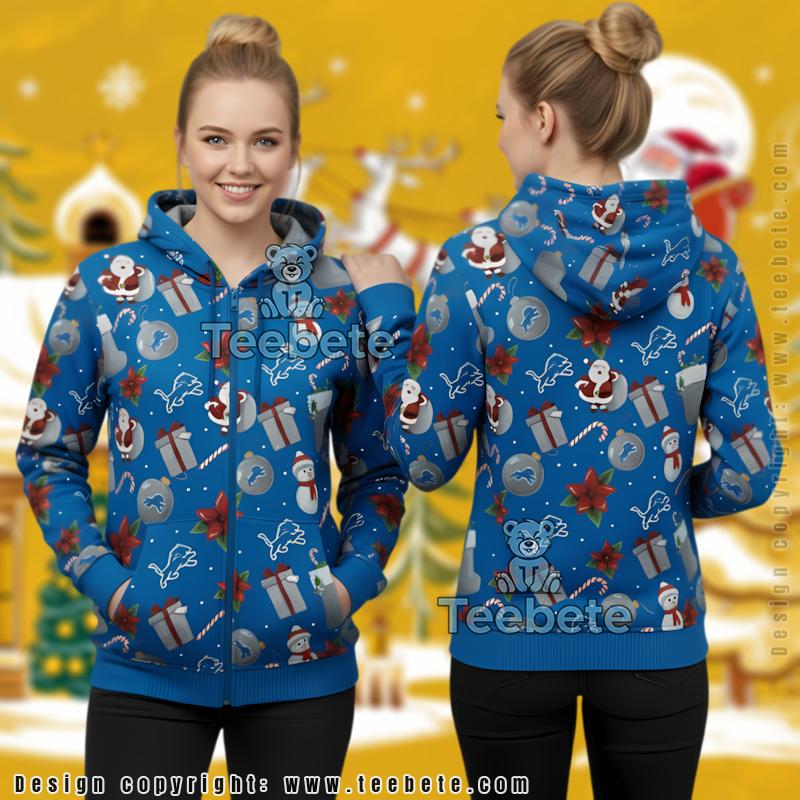 Detroit Lions Santa Snowman Ugly Christmas 3D Hoodie Zip Up