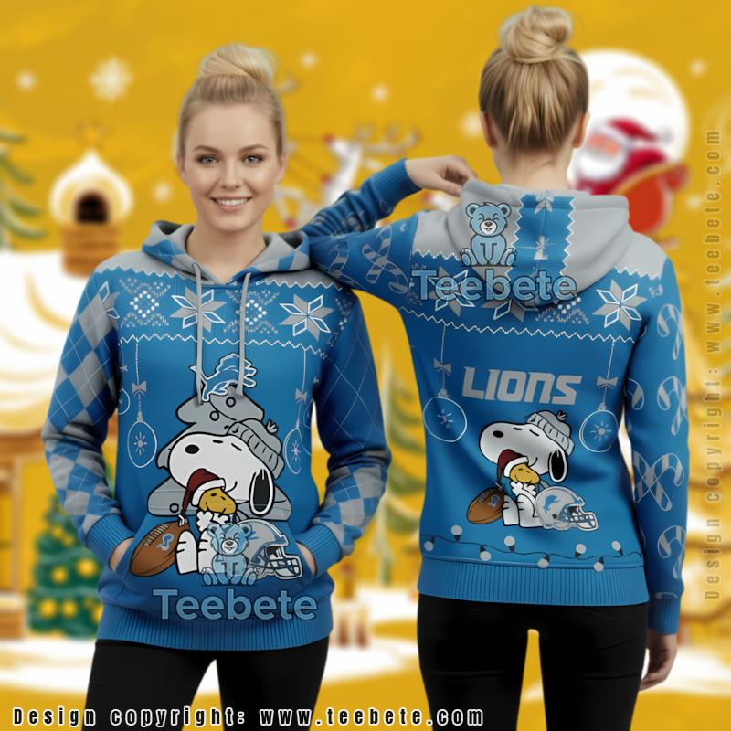 Detroit Lions Snoopy Hugging Woodstock Festive 3D Ugly Christmas Hoodie
