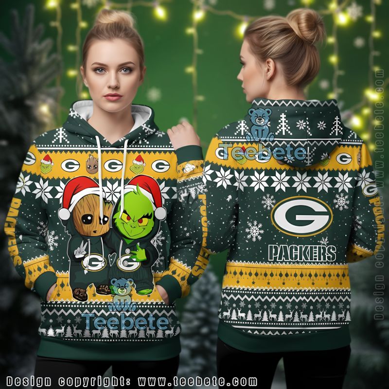 Green Bay Packers Baby Groot The Grinch Ugly 3D Hoodie Printed