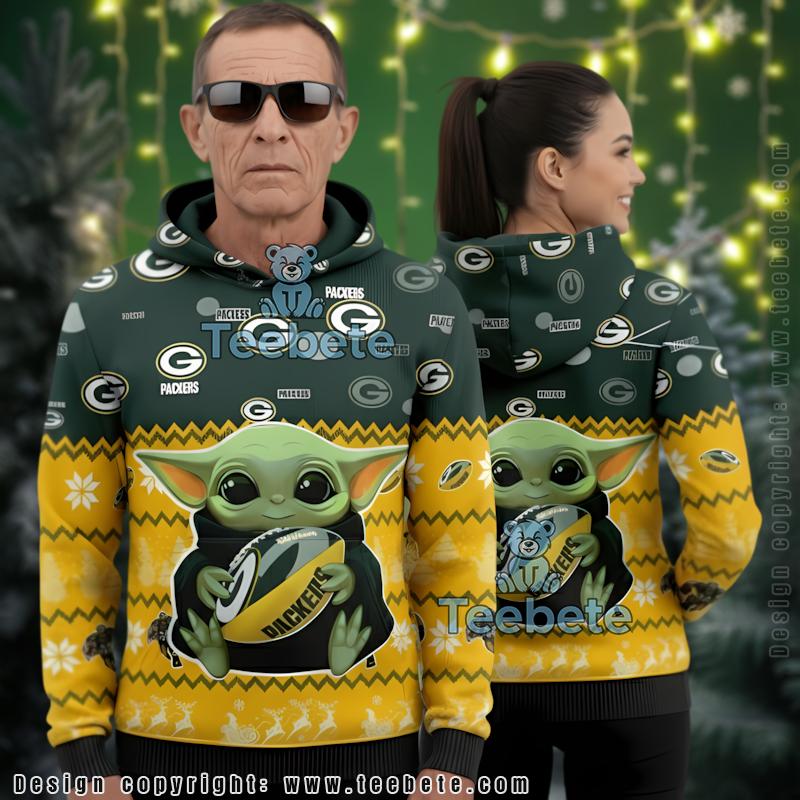 Green Bay Packers Baby Yoda Grogu Football 3D Ugly Christmas Hoodie