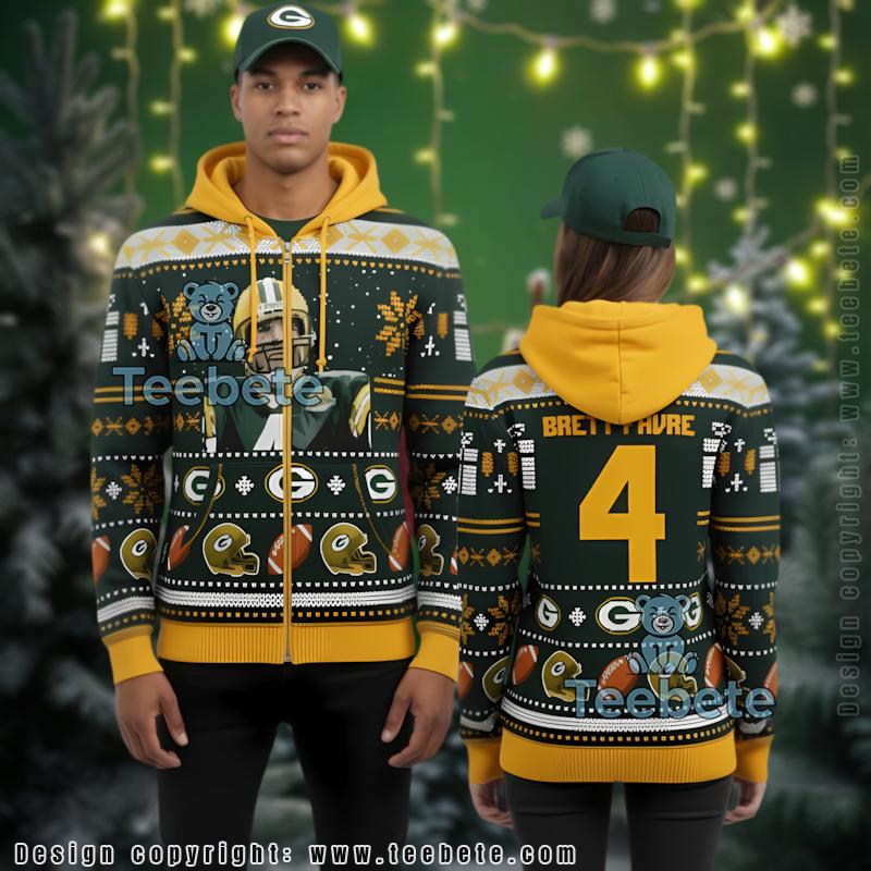 Green Bay Packers Brett Favre 4 Christmas Ugly 3D Zip Up Hoodie