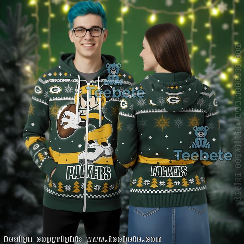 Green Bay Packers Cute Mickey Mouse  3D Ugly Christmas Hoodie