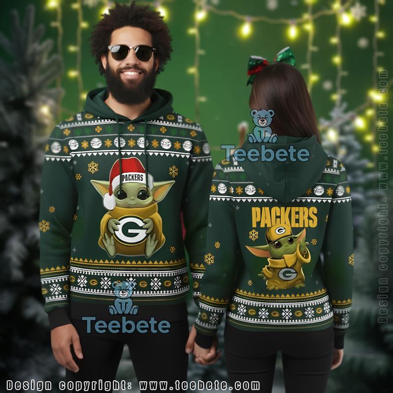 Green Bay Packers Festive Mandalorian Grogu Ugly 3D Hoodie