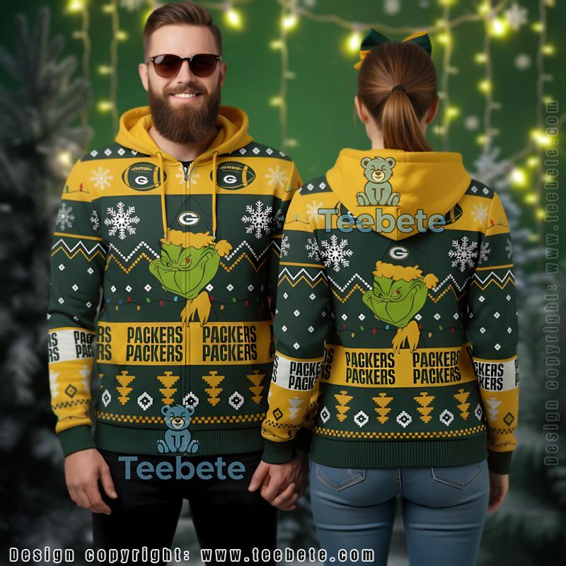 Green Bay Packers Funny Grinch Face 3D Ugly Hoodie