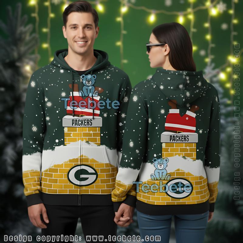 Green Bay Packers Funny Santa Stuck Chimney Ugly Christmas 3D Hoodie