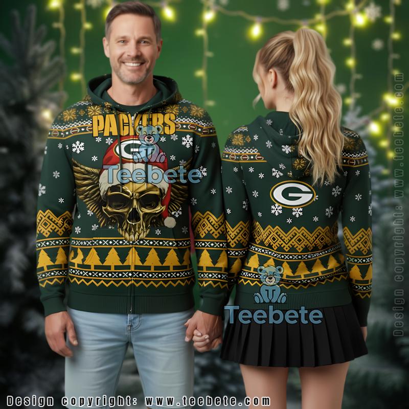 Green Bay Packers Golden Skull Santa Hat 3D Ugly Christmas Hoodie