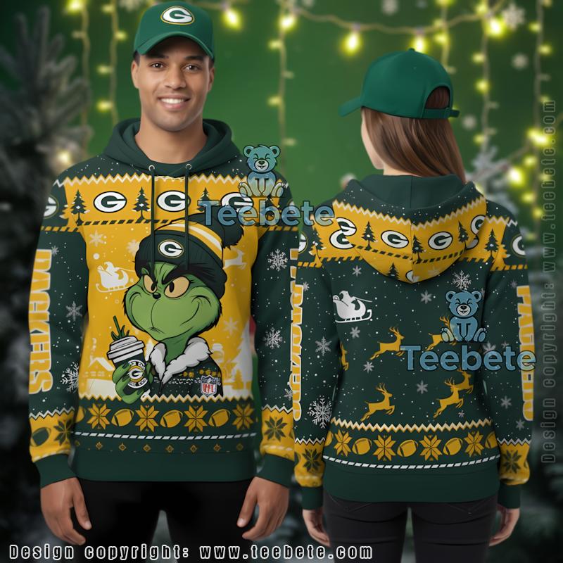 Green Bay Packers Grinch Drinking Coffee 3D Ugly Christmas Hoodie