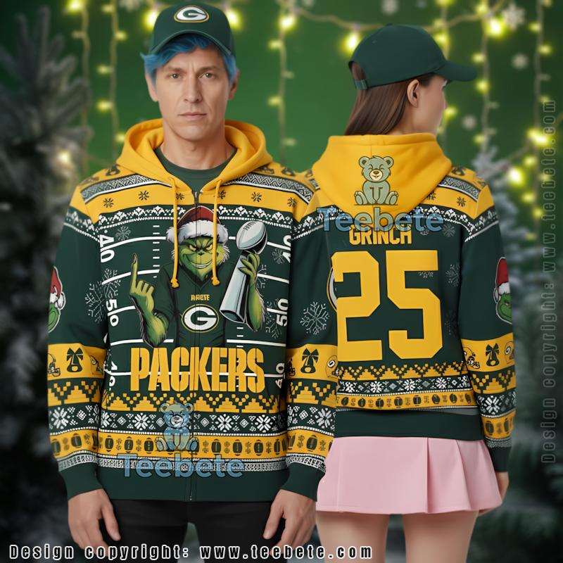 Green Bay Packers Grinch Super Bowl Ugly Christmas 3D Hoodie