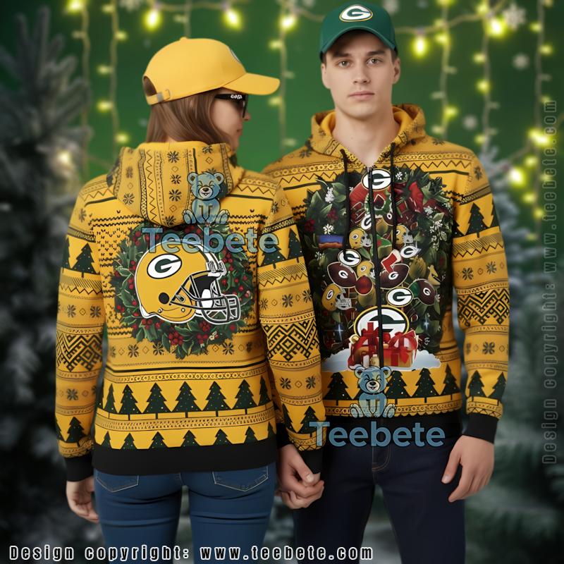 Green Bay Packers Helmet Wreath Ugly Christmas 3D Hoodie