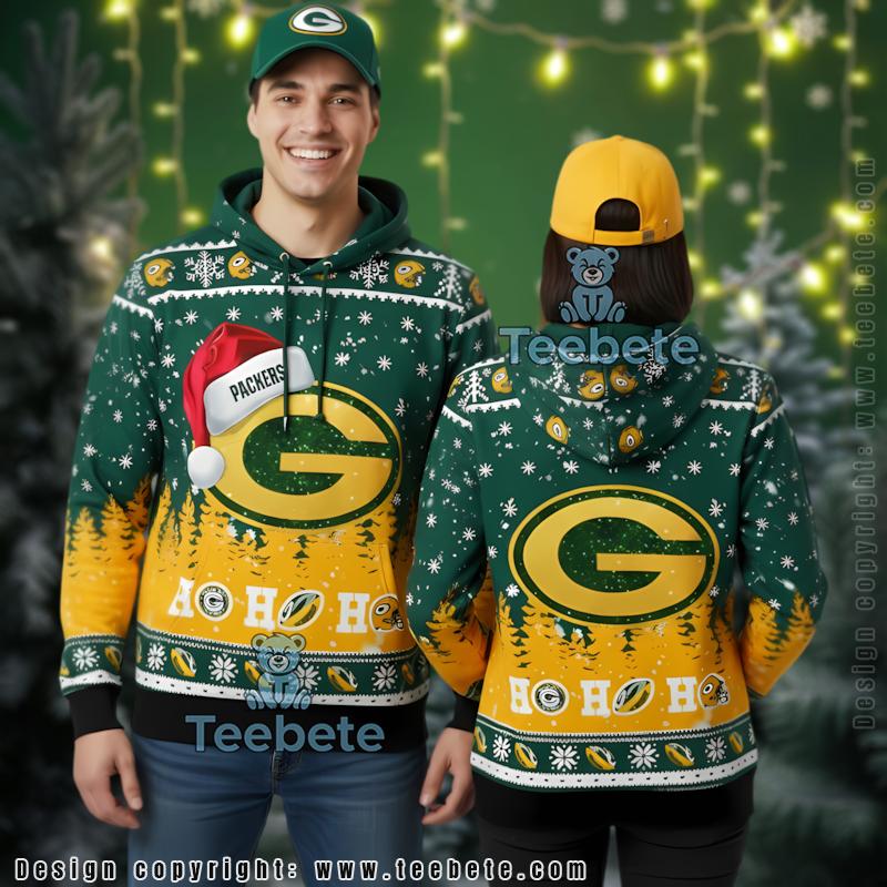 Green Bay Packers Ho Ho Ho Santa Hat Logo 3D Ugly Christmas Hoodie