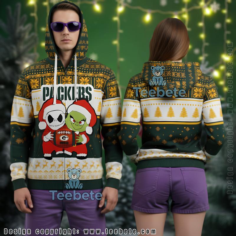 Green Bay Packers Jack Skellington Grinch Ugly Christmas 3D Hoodie