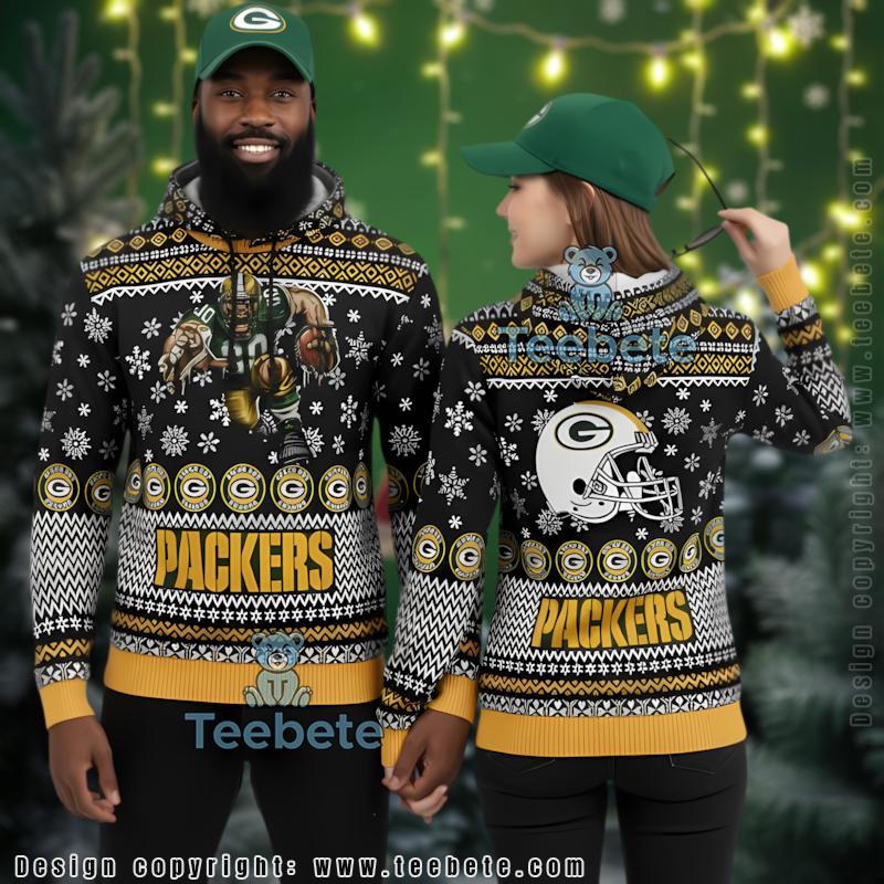 Green Bay Packers Mascot Snowflakes 3D Ugly Christmas Hoodie