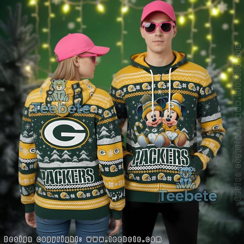Green Bay Packers Mickey Minnie Mouse Christmas 3D Ugly Hoodie