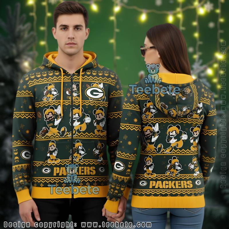 Green Bay Packers Mickey Player Yellow Ugly Christmas 3D Hoodie