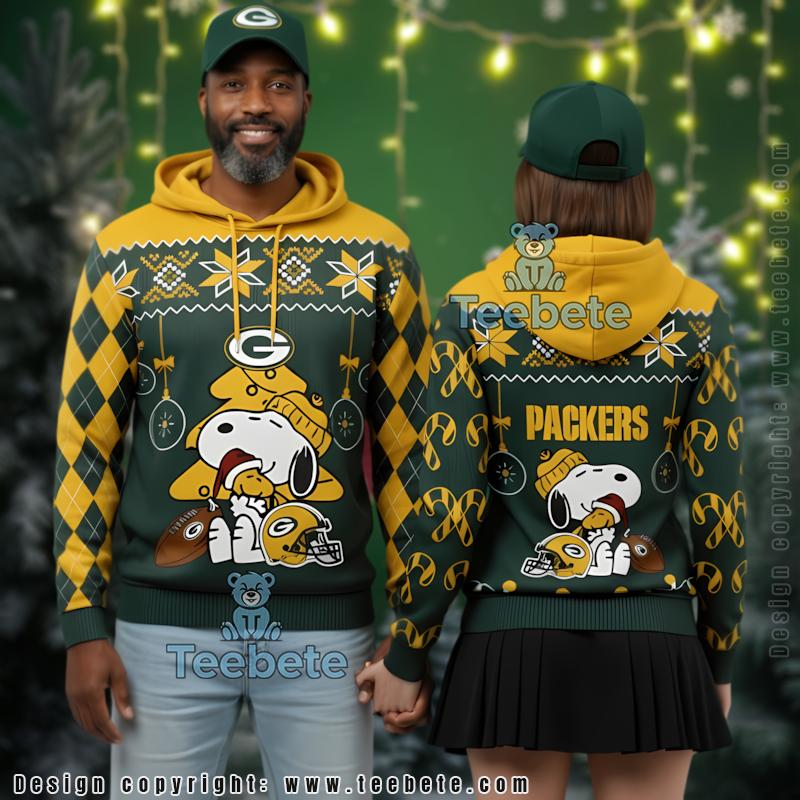 Green Bay Packers Peanuts Cartoon 3D Ugly Christmas Hoodie Yellow