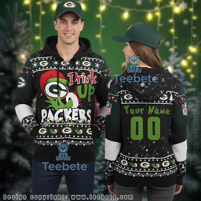 Green Bay Packers Personalized Grinch Drink Up 3D Ugly Christmas Hoodie