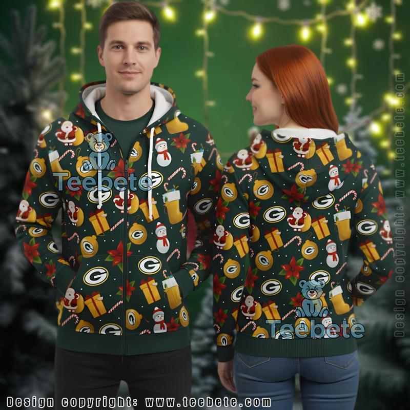 Green Bay Packers Santa Snowman Pattern Ugly Christmas 3D Zip Up Hoodie