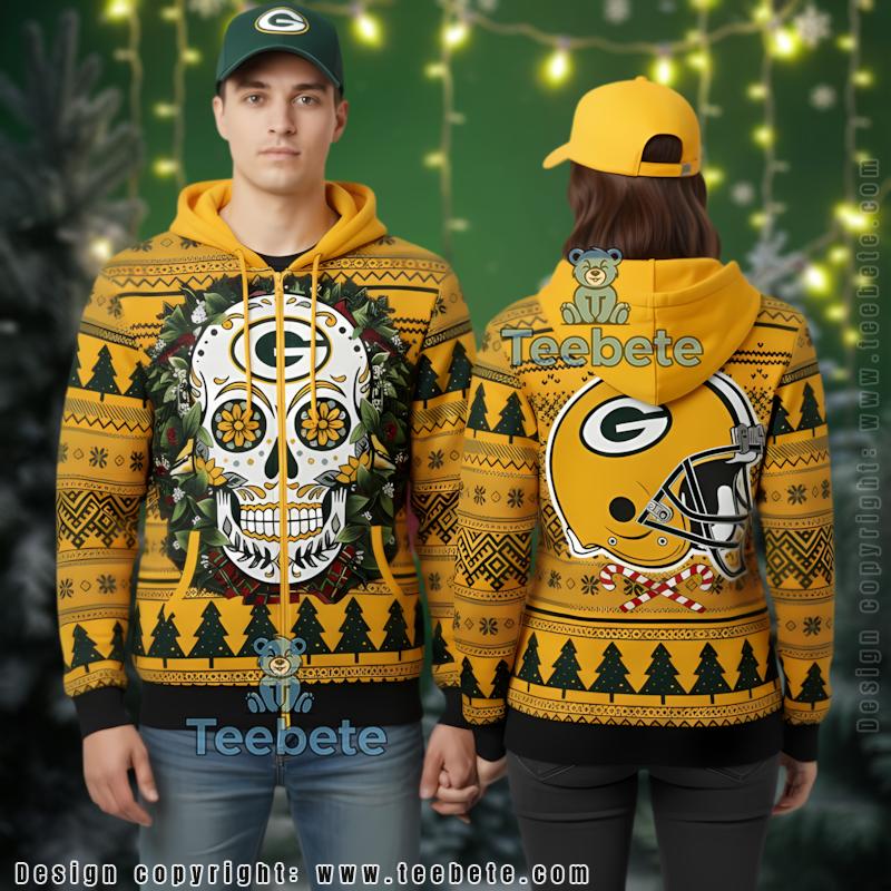 Green Bay Packers Sugar Skull Flowers 3D Ugly Christmas Hoodie