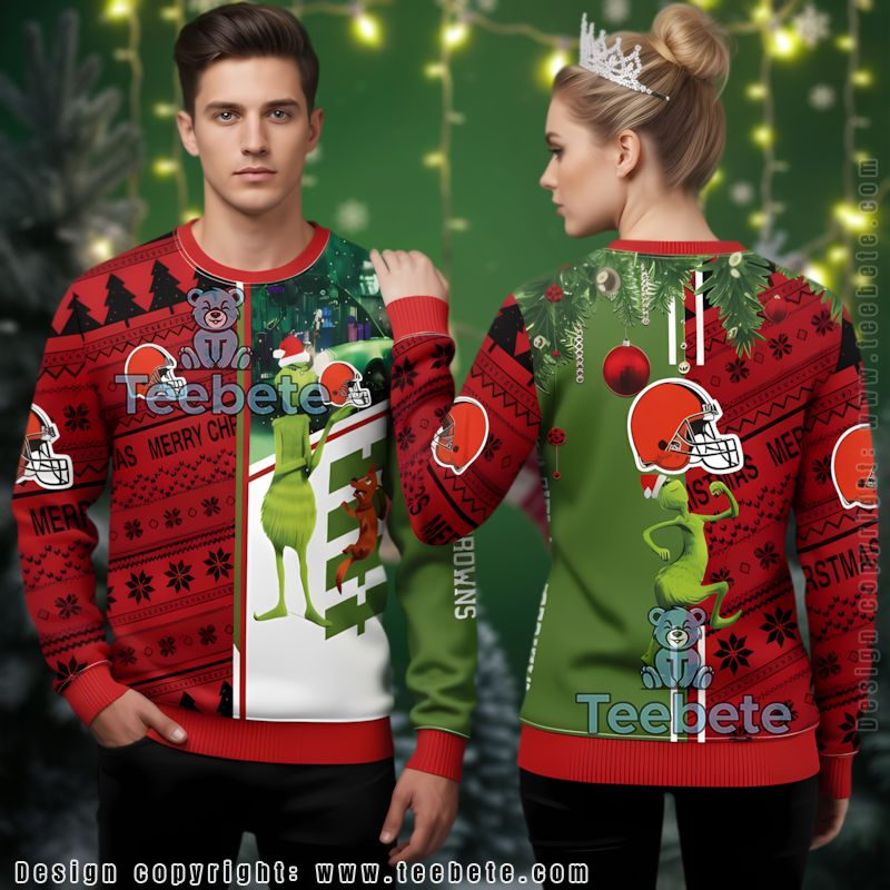Grinch Scooby Doo Cleveland Browns Ugly Christmas Sweater Womens Red Green