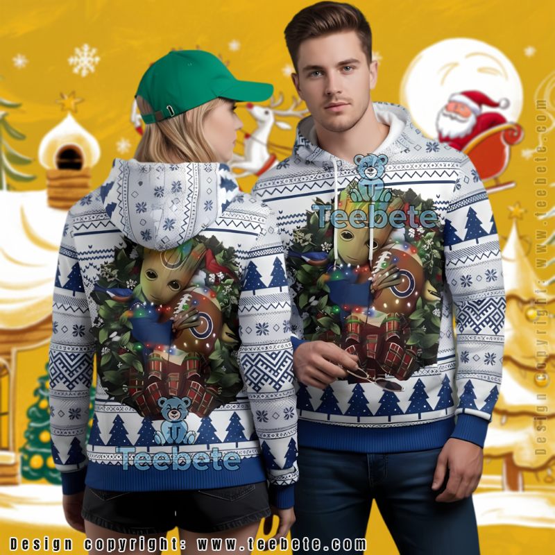 Indianapolis Colts Baby Groot Christmas Wreath Ugly 3D Hoodie Design