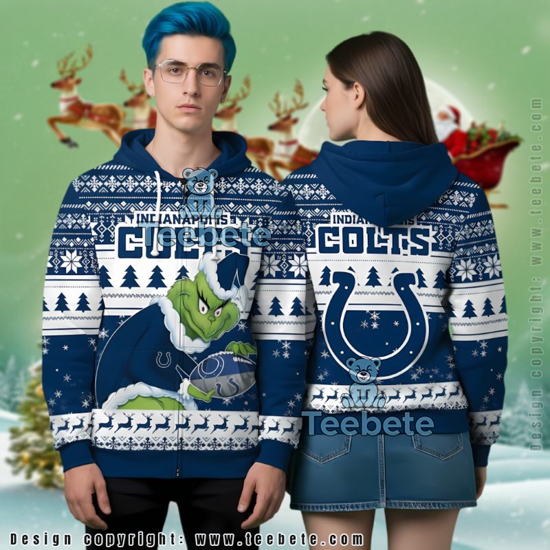 Indianapolis Colts Funny Grinch Christmas Ugly 3D Full Zip Hoodie