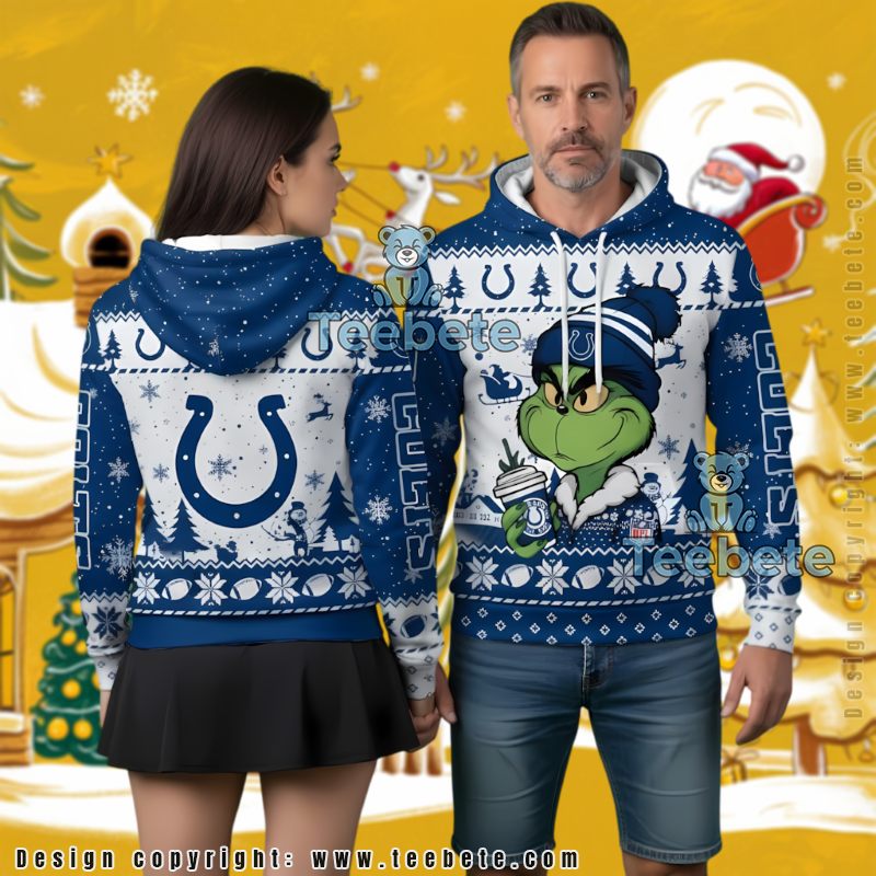 Indianapolis Colts Grinch With Coffee Cup Ugly Christmas 3D Hoodie