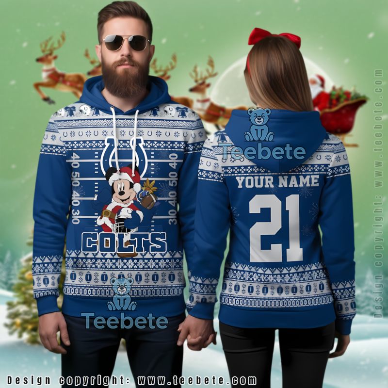 Indianapolis Colts Mickey Mouse Ugly Christmas 3D Hoodie Custom Number And Name