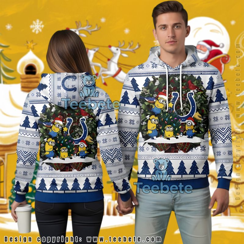 Indianapolis Colts Minions Ugly Christmas 3D Hoodie Holiday Wreath