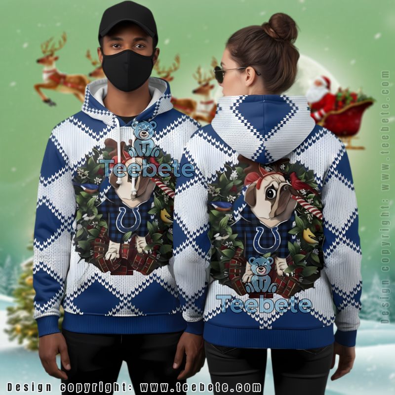 Indianapolis Colts Pug Dog Wreath Ugly Christmas 3D Hoodie