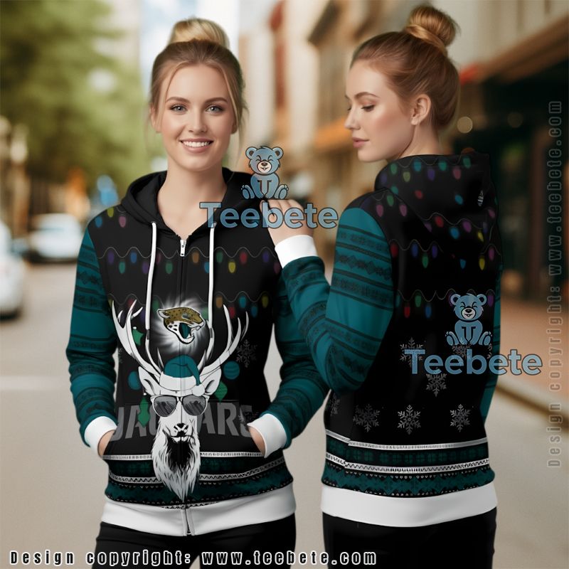 Jacksonville Jaguars Cool Reindeer Ugly Christmas 3D Zip Up Hoodie