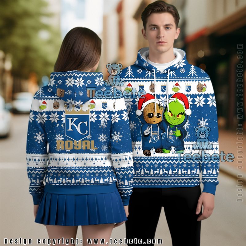Kansas City Royals Baby Groot The Grinch Ugly 3D Hoodie Zipper