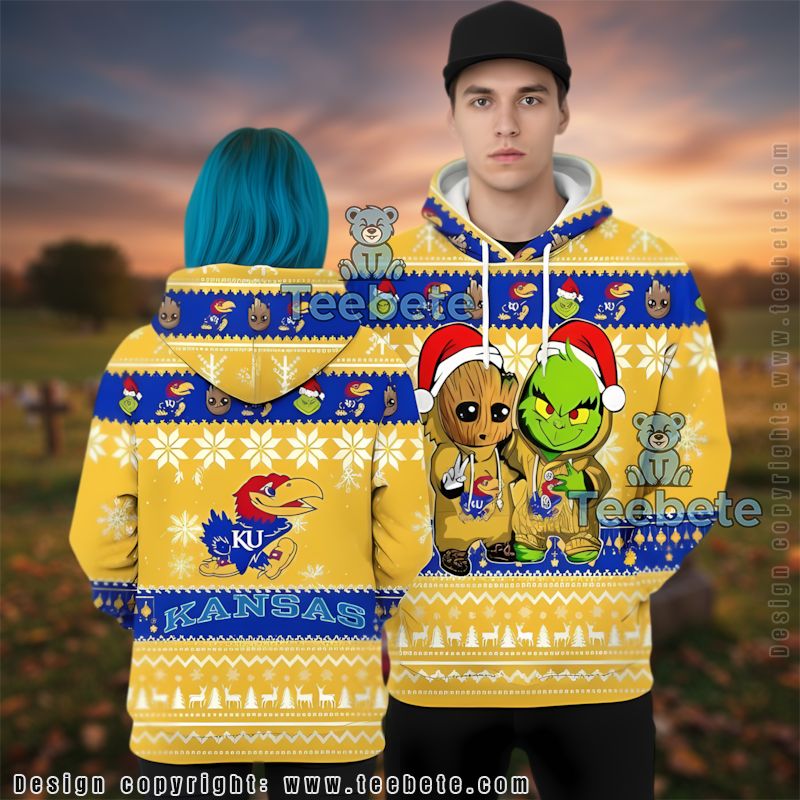 Kansas Jayhawks Baby Groot The Grinch Ugly 3D Hoodie Printed