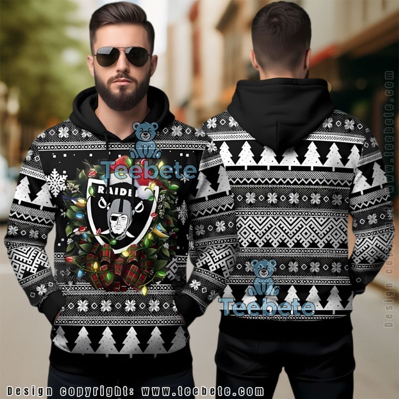 Las Vegas Raiders Christmas Wreath Ugly Christmas 3D Pullover Hoodie