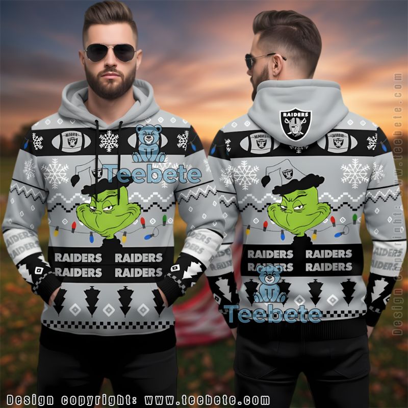 Las Vegas Raiders Grinch Christmas Lights Ugly 3D Pullover Hoodie