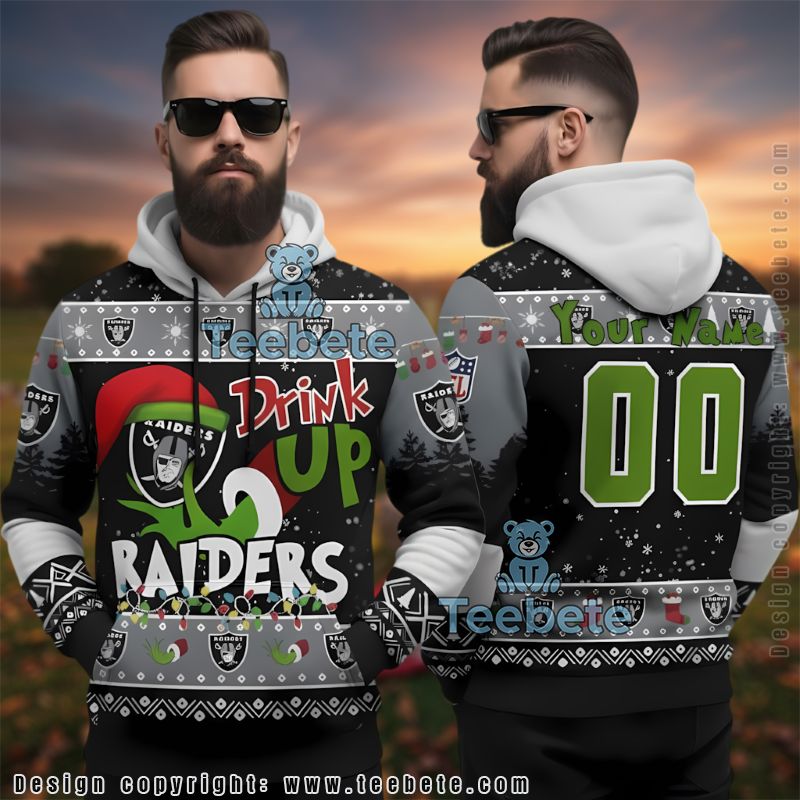 Las Vegas Raiders Grinch Drink Up Custom Name Number Ugly Christmas 3D Hoodie
