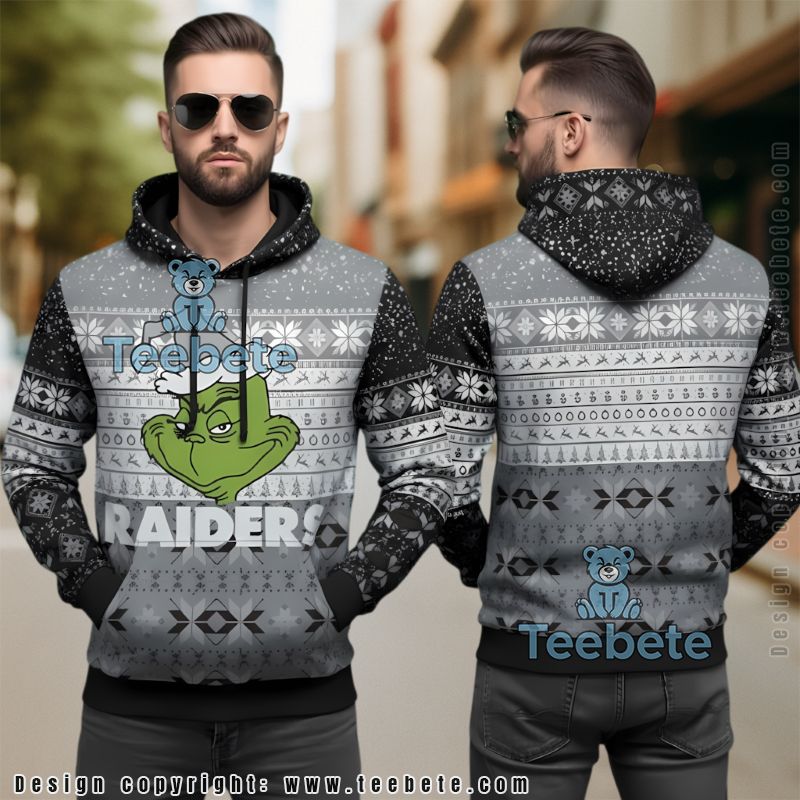 Las Vegas Raiders Grinch Face Funny Ugly Christmas 3D Hoodie