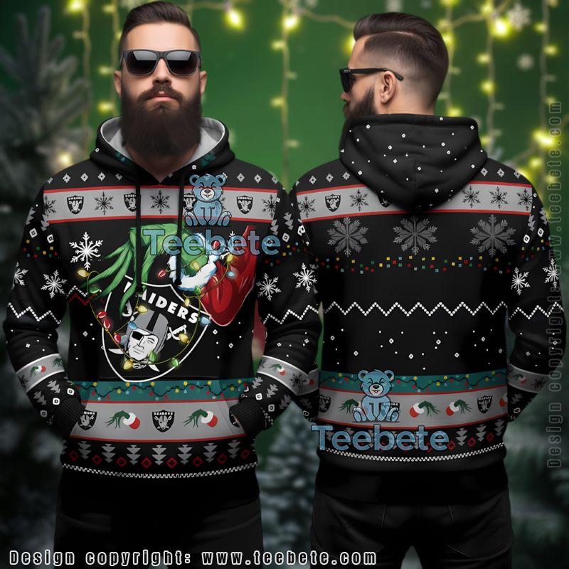 Las Vegas Raiders Grinch Hand Stealing Heart Ugly Christmas 3D Hoodie