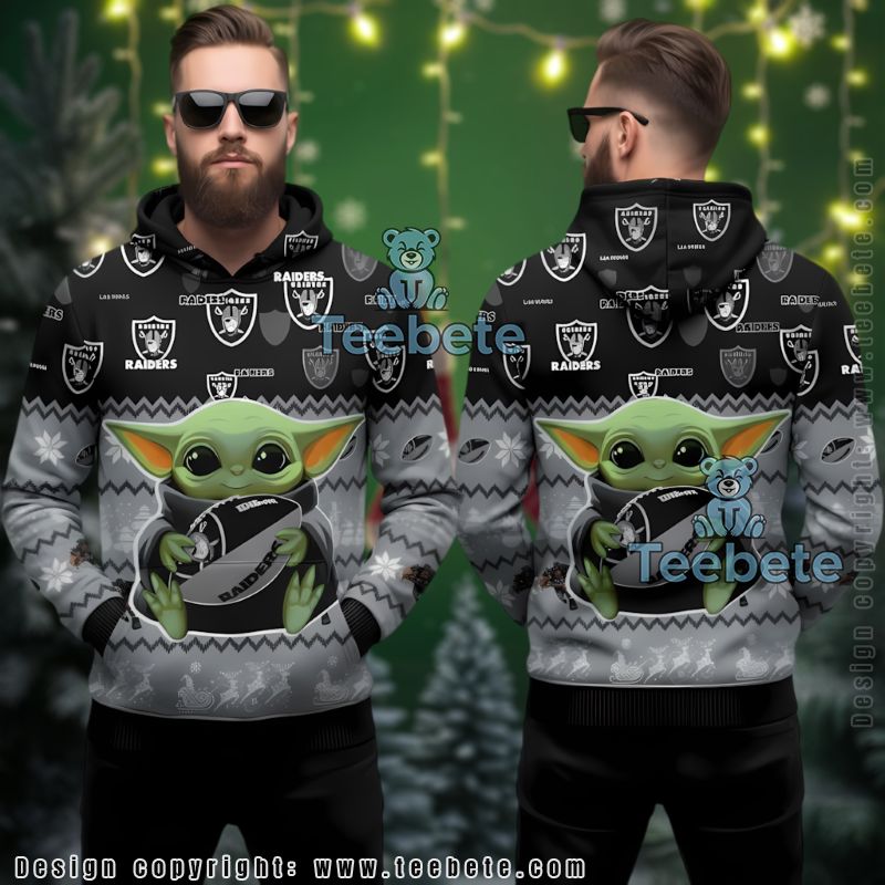 Las Vegas Raiders Grogu Holding Football Ugly Christmas 3D Hoodie