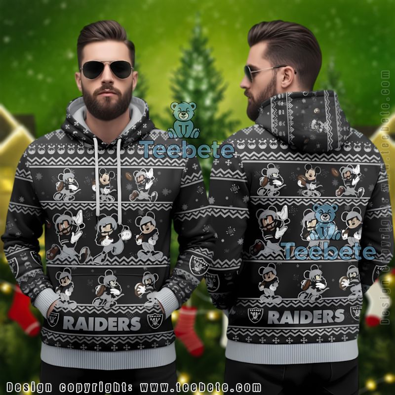 Las Vegas Raiders Mickey Mouse Pattern Ugly Christmas 3D Pullover Hoodie