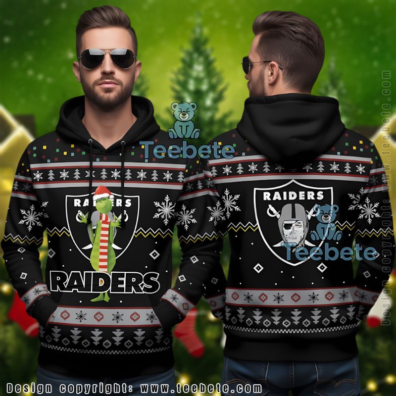 Las Vegas Raiders Nfl Grinch Christmas Ugly 3D All Over Print Hoodie