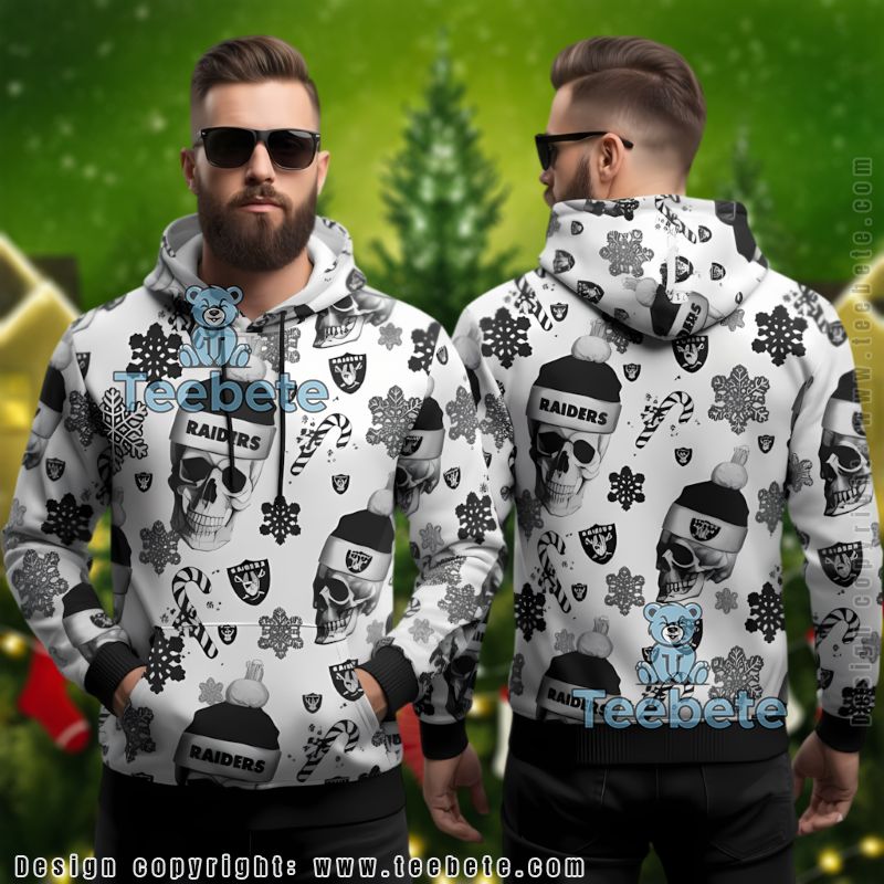 Las Vegas Raiders Skull Santa Hat Ugly Christmas 3D Hoodie White