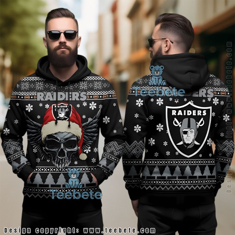 Las Vegas Raiders Skull Wings Santa Hat Ugly Christmas 3D Hoodie