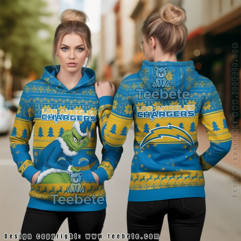 Los Angeles Chargers Blue Grinch Ugly Christmas 3D Hoodie
