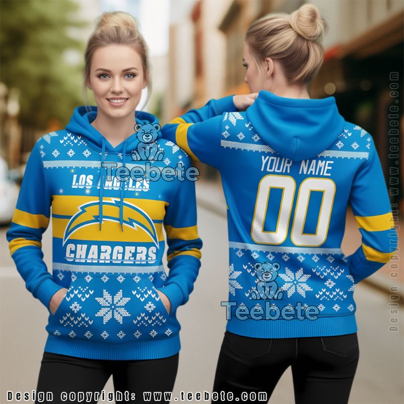 Los Angeles Chargers Custom Name Number Ugly Christmas 3D Hoodie