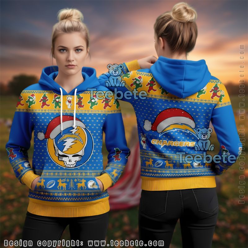 Los Angeles Chargers Grateful Dead Nfl Ugly Christmas 3D Hoodie