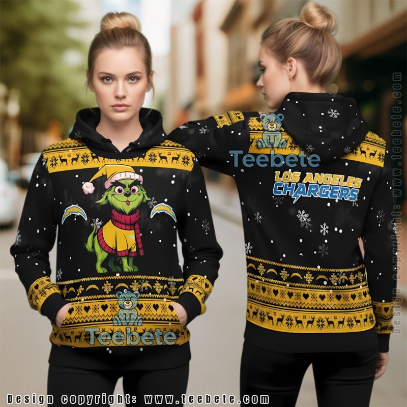 Los Angeles Chargers Grinch Cat Yellow Ugly Christmas 3D Hoodie