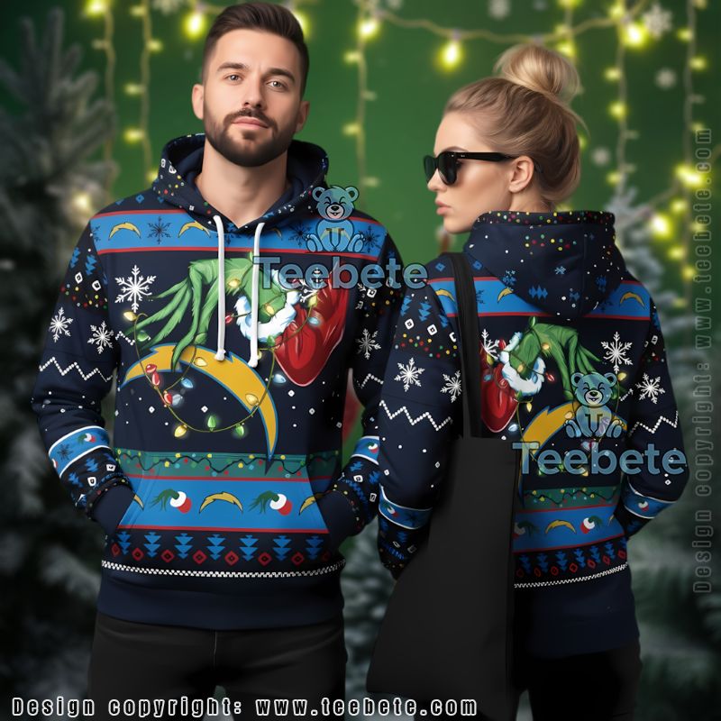 Los Angeles Chargers Grinch Christmas Lights Ugly 3D Hoodie