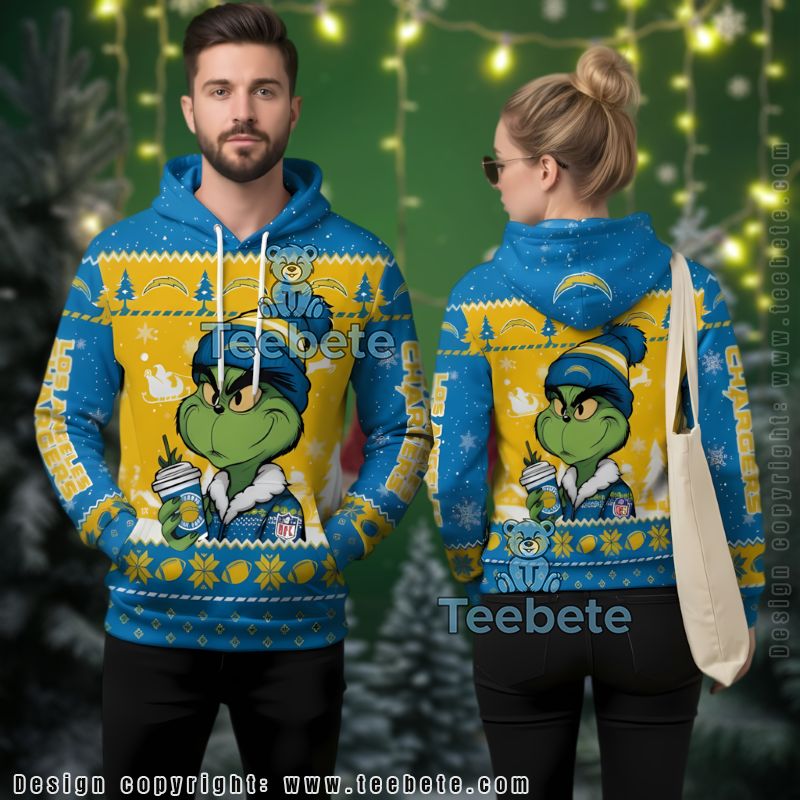 Los Angeles Chargers Grinch Drinking Coffee Ugly Christmas 3D Hoodie