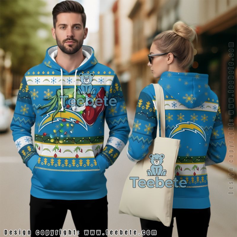 Los Angeles Chargers Grinch Hand Christmas Lights Ugly 3D Hoodie