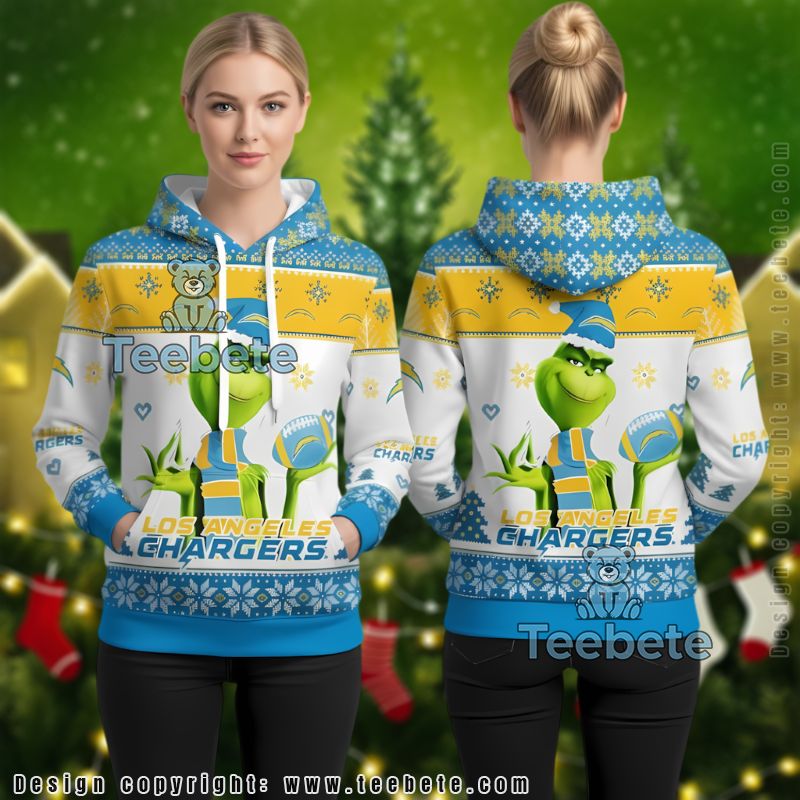 Los Angeles Chargers Grinch Holding Football Ugly Christmas 3D Hoodie